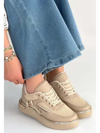 Junda Bej Cilt Bağcıklı Spor Ayakkabı