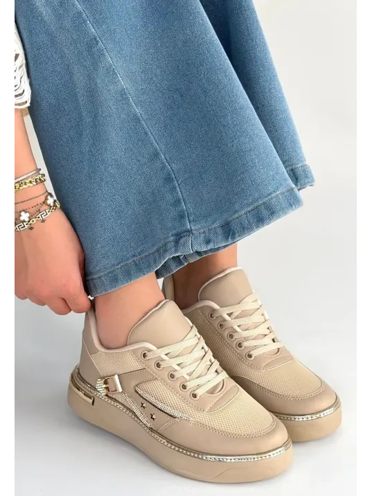 Junda Bej Cilt Bağcıklı Spor Ayakkabı
