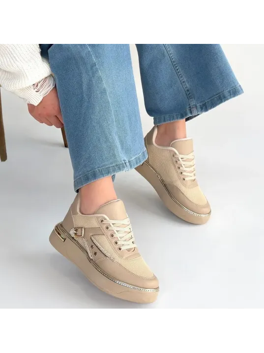 Junda Bej Cilt Bağcıklı Spor Ayakkabı