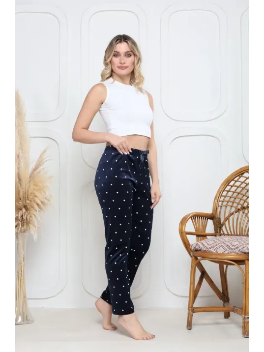 Kadife Pijama Altı Lacivert Üzerine Beyaz Pontiye Desenli Q7013