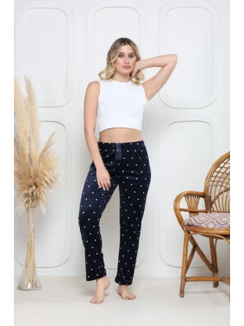 Kadife Pijama Altı Lacivert Üzerine Beyaz Pontiye Desenli Q7013