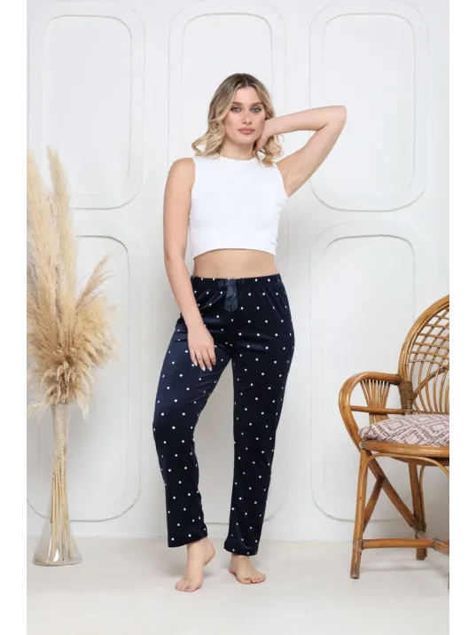 Kadife Pijama Altı Lacivert Üzerine Beyaz Pontiye Desenli Q7013