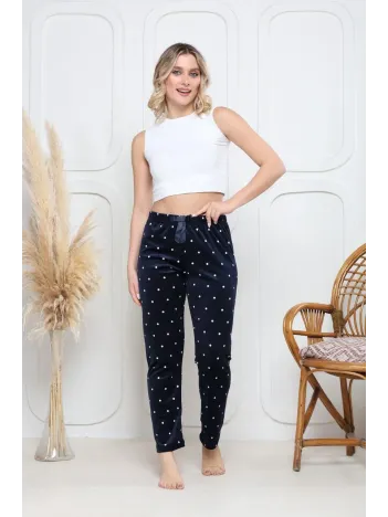 Kadife Pijama Altı Lacivert Üzerine Beyaz Pontiye Desenli Q7013