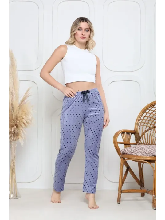 Kadife Pijama Altı Mavi Üstüne Siyah Pontiye Desenli Q7013