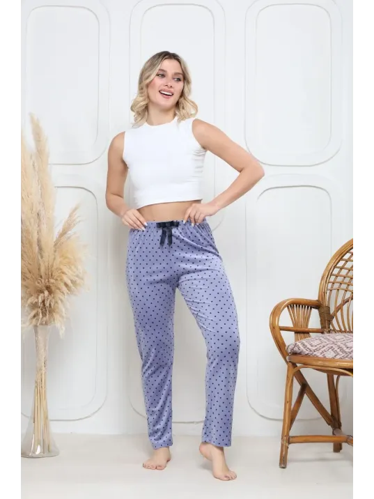 Kadife Pijama Altı Mavi Üstüne Siyah Pontiye Desenli Q7013