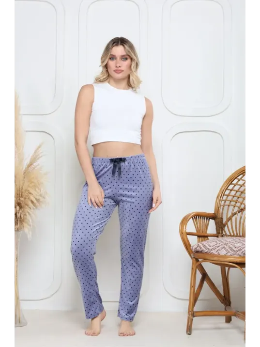 Kadife Pijama Altı Mavi Üstüne Siyah Pontiye Desenli Q7013
