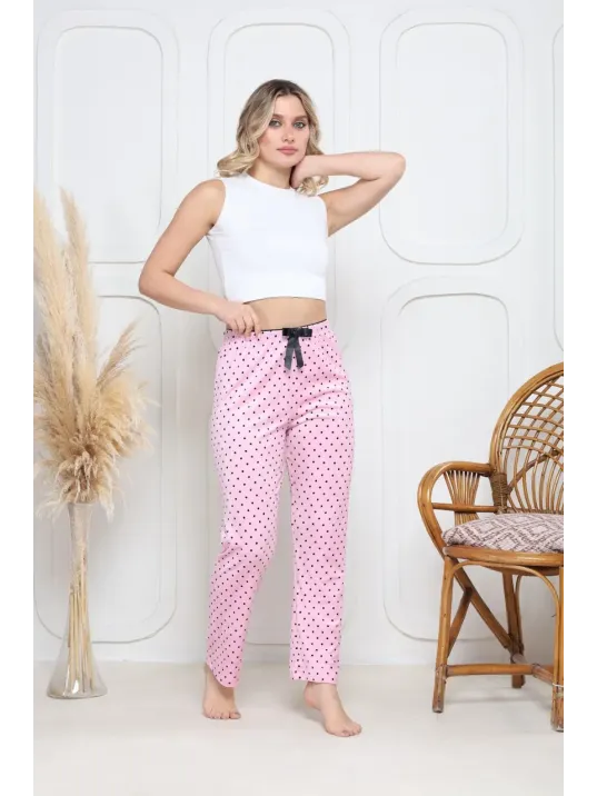 Kadife Pijama Altı Pembe Üzerine Siyah Pontiye Desenli Q7013