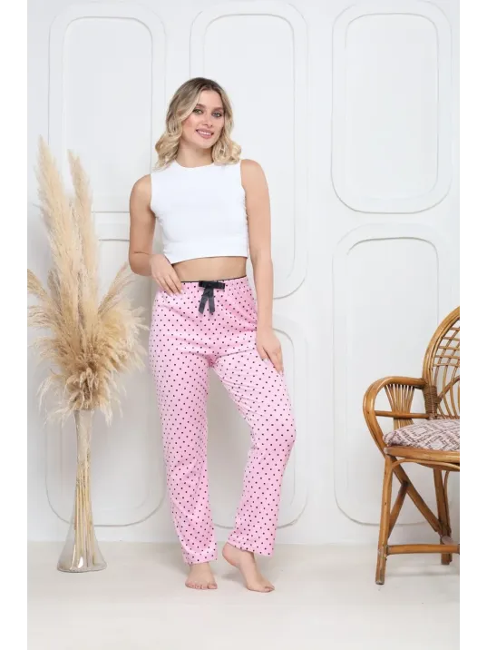 Kadife Pijama Altı Pembe Üzerine Siyah Pontiye Desenli Q7013