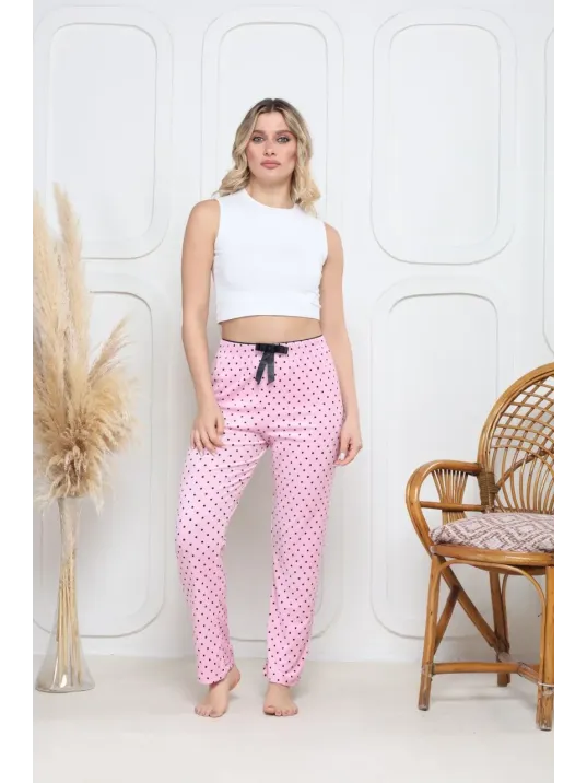 Kadife Pijama Altı Pembe Üzerine Siyah Pontiye Desenli Q7013