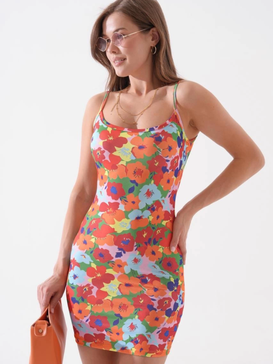 Kadın ince askılı desenli elbise s8105