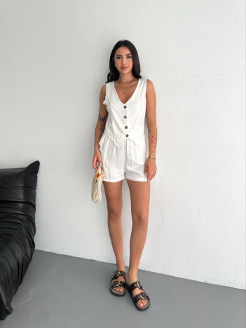 Kadın keten şort yelek takım s3461