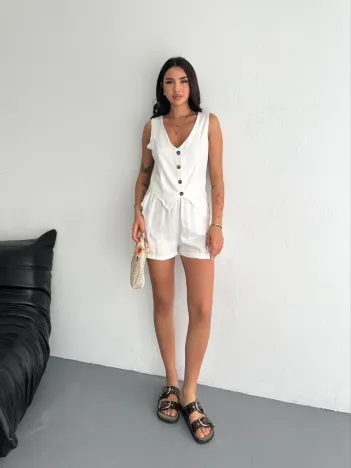 Kadın Keten Şort Yelek Takım S3461