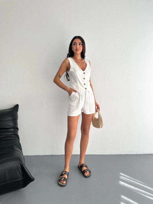 Kadın keten şort yelek takım s3461