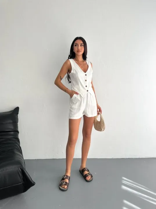 Kadın Keten Şort Yelek Takım S3461