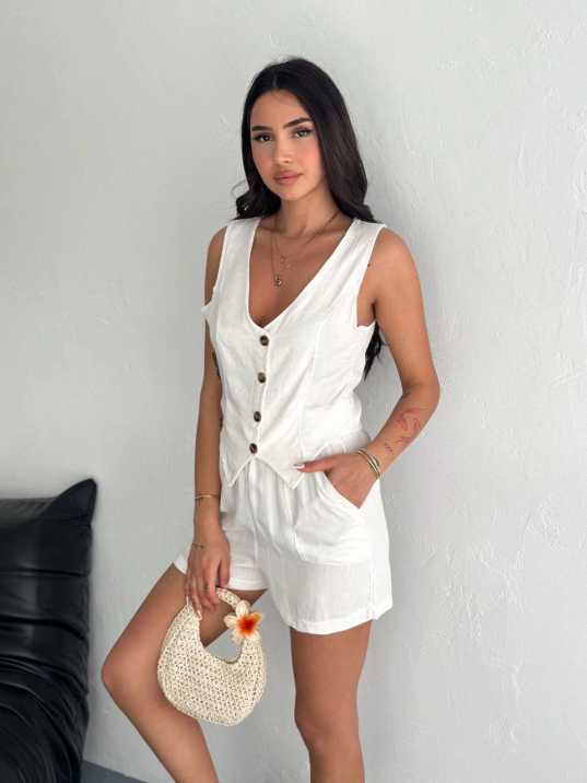 Kadın keten şort yelek takım s3461