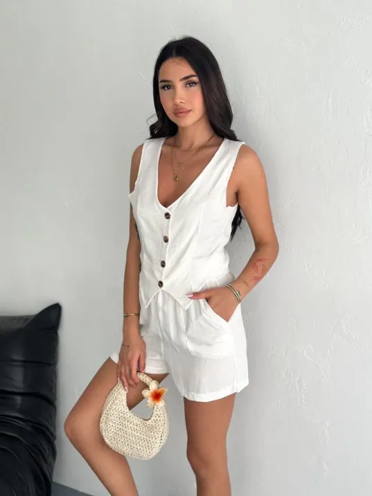 Kadın Keten Şort Yelek Takım S3461