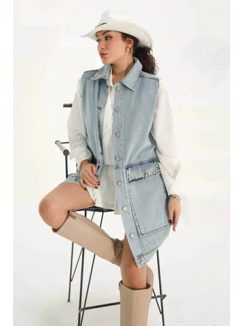 Kadın Mavi Cebi Taşlı Kot Yelek