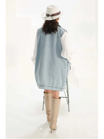 Kadın Mavi Cebi Taşlı Kot Yelek Kadın Mavi Cebi Taşlı Kot Yelek