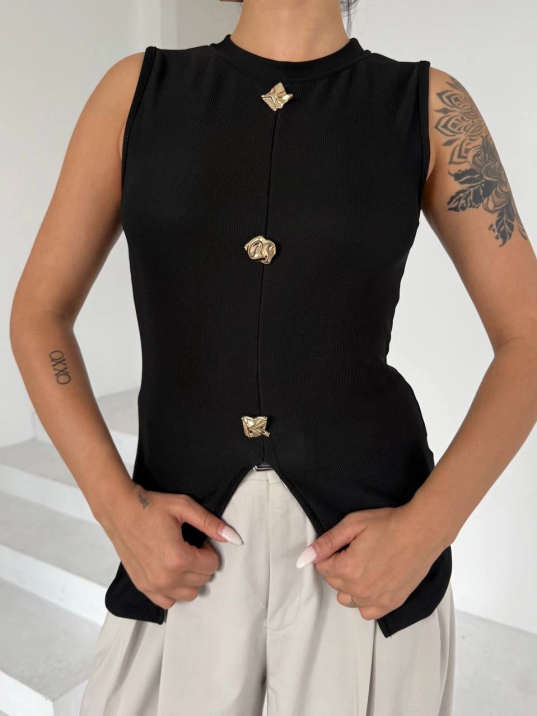 Kadın siyah bisiklet yaka gold düğmeli ottoman bluz s2310 Kadın siyah bisiklet yaka gold düğmeli ottoman bluz s2310