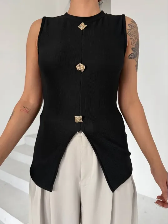 Kadın Siyah Bisiklet Yaka Gold Düğmeli Ottoman Bluz S2310