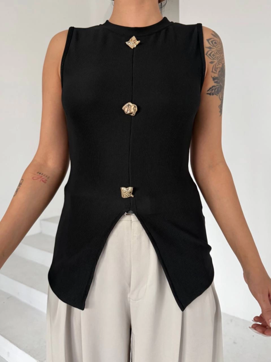 Kadın siyah bisiklet yaka gold düğmeli ottoman bluz s2310 Kadın siyah bisiklet yaka gold düğmeli ottoman bluz s2310