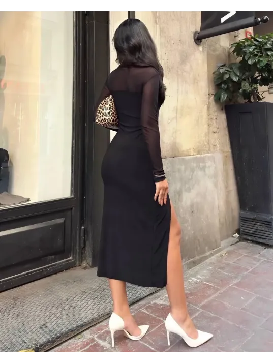 Kadın Tül Detaylı Midi Boy Yırtmaçlı Elbise