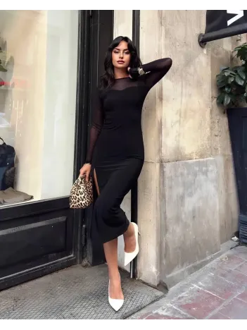 Kadın Tül Detaylı Midi Boy Yırtmaçlı Elbise