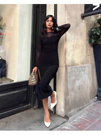 Kadın tül detaylı midi boy yırtmaçlı elbise Kadın tül detaylı midi boy yırtmaçlı elbise