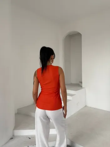 Kadın Turuncu Bisiklet Yaka Gold Düğmeli Ottoman Bluz S2310