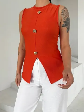 Kadın Turuncu Bisiklet Yaka Gold Düğmeli Ottoman Bluz S2310