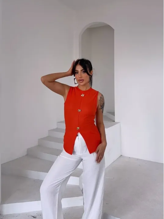 Kadın Turuncu Bisiklet Yaka Gold Düğmeli Ottoman Bluz S2310 Kadın Turuncu Bisiklet Yaka Gold Düğmeli Ottoman Bluz S2310