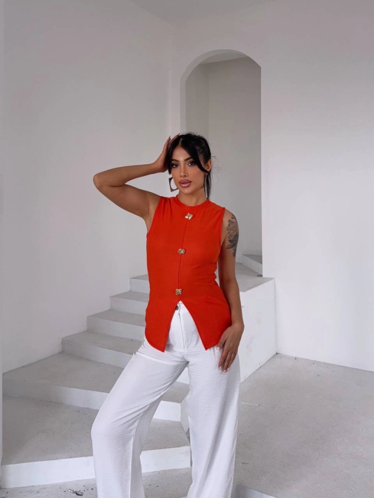 Kadın turuncu bisiklet yaka gold düğmeli ottoman bluz s2310 Kadın turuncu bisiklet yaka gold düğmeli ottoman bluz s2310