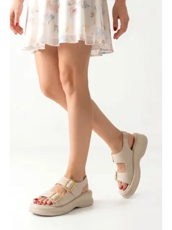 Kaji Bej Cilt Çift Tokalı Sandalet
