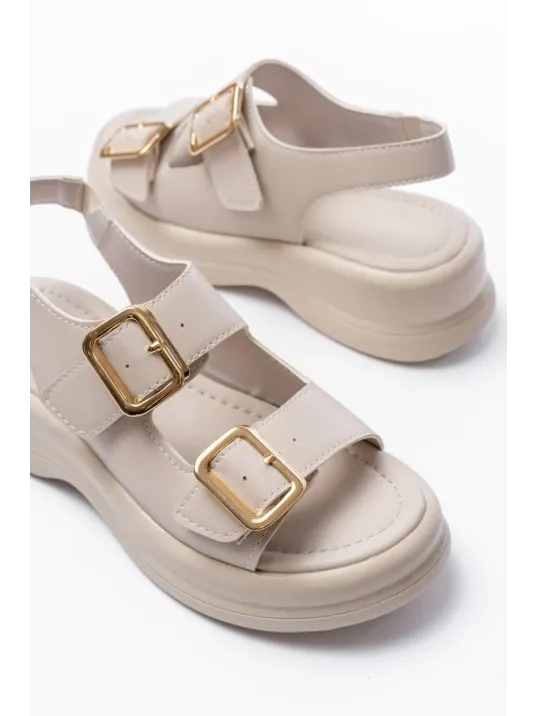 Kaji Bej Cilt Çift Tokalı Sandalet Kaji Bej Cilt Çift Tokalı Sandalet