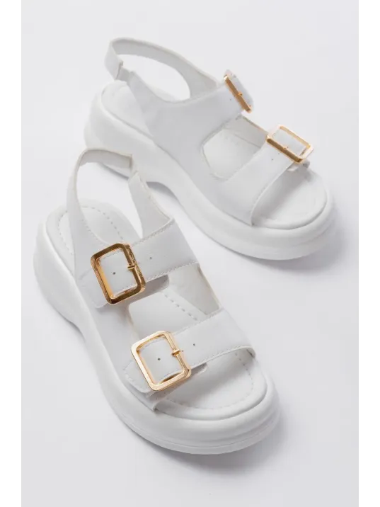 Kaji Beyaz Cilt Çift Tokalı Sandalet