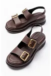 Kaji Kahverengi Cilt Çift Tokalı Sandalet