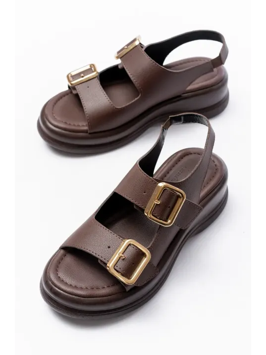 Kaji Kahverengi Cilt Çift Tokalı Sandalet Kaji Kahverengi Cilt Çift Tokalı Sandalet