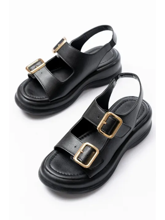 Kaji Siyah Cilt Çift Tokalı Sandalet