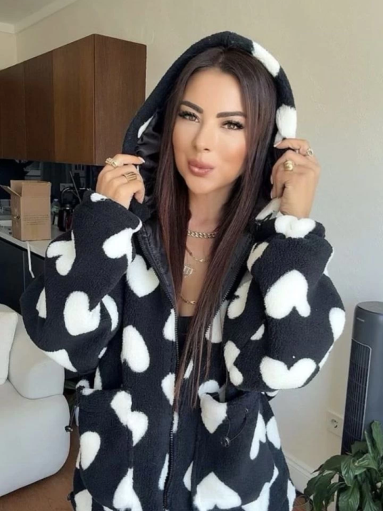 Kalpli peluş ceket içi astarlı siyahbeyaz