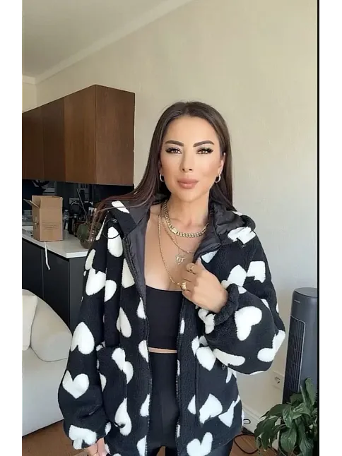 Kalpli Peluş Ceket İçi Astarlı Siyahbeyaz