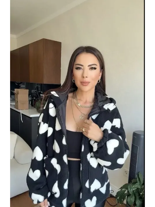 Kalpli Peluş Ceket İçi Astarlı Siyahbeyaz