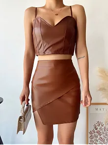 Kapaklı Asimetrik Model Deri Etek Kahve S240106