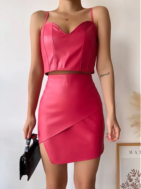Kapaklı Asimetrik Model Deri Etek Pembe S240106
