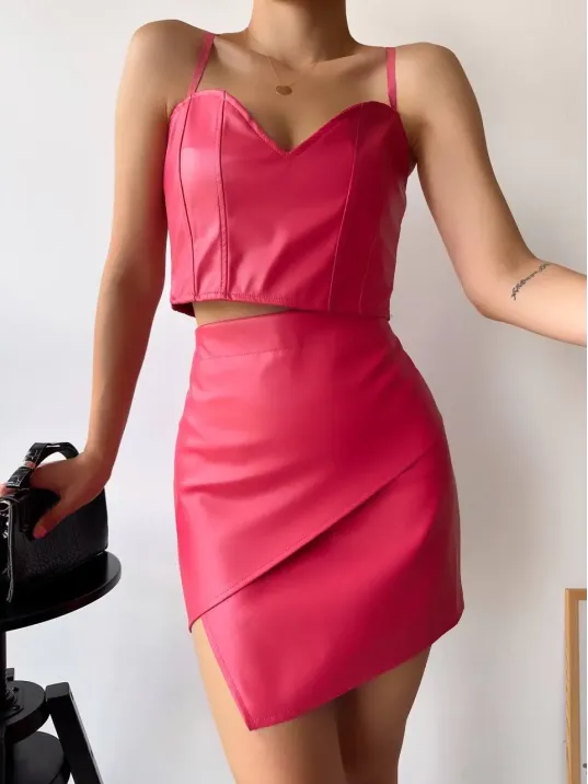 Kapaklı Asimetrik Model Deri Etek Pembe S240106
