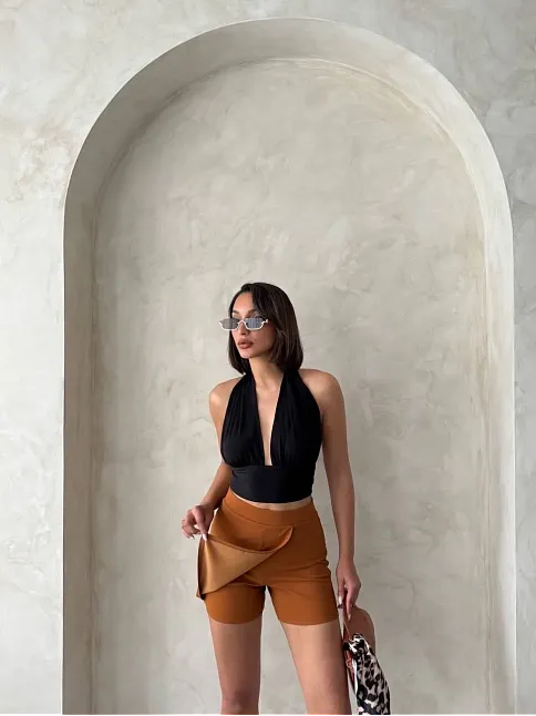 Kapaklı Şort Etek Camel S208