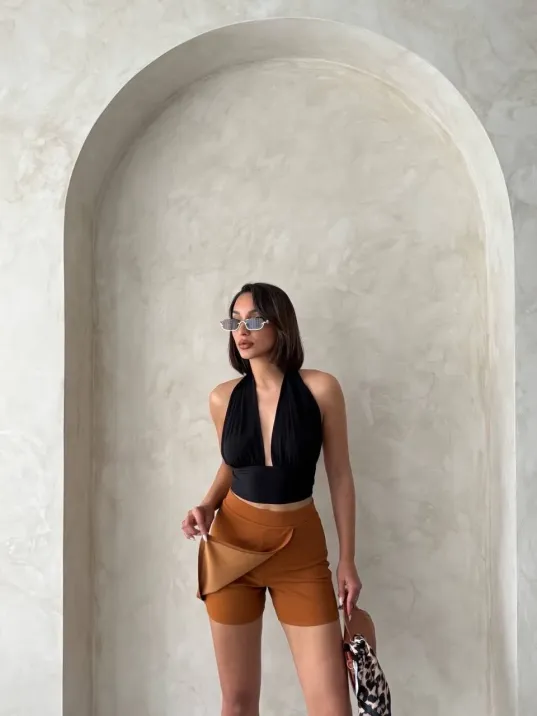 Kapaklı Şort Etek Camel S208