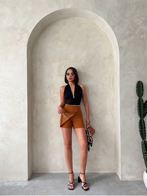 Kapaklı Şort Etek Camel S208