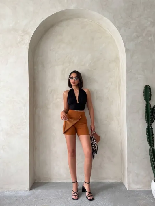 Kapaklı Şort Etek Camel S208