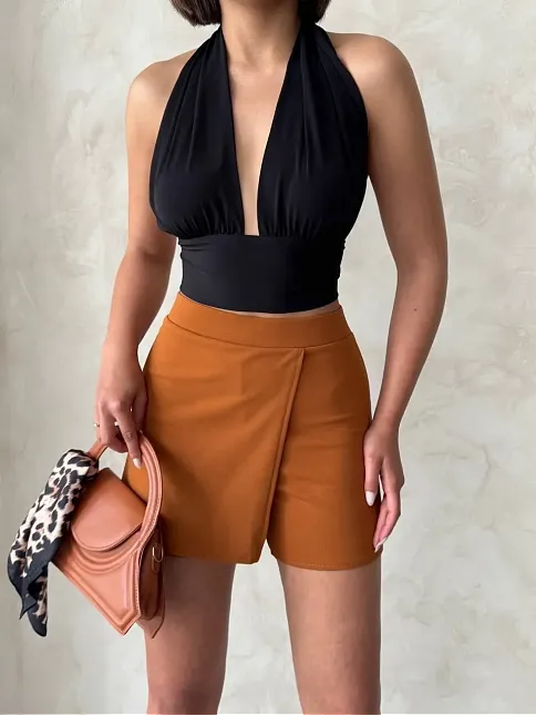 Kapaklı Şort Etek Camel S208