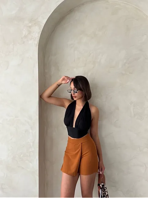 Kapaklı Şort Etek Camel S208